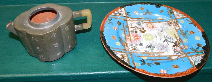 Chinese Pewter Tea Pot & Porc Plate w Character Marks (1 of 6)