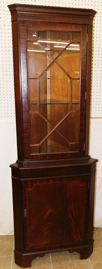 Inlaid Mahogany Glass Door Corner Cabinet: Inlaid Mahogany Glass Door Corner Cabinet . 22 3/4" W 16" D 72 1/2" H