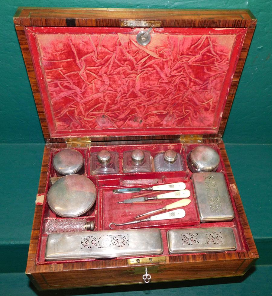 Rosewood & Brass Bnd Box w Sterl Top & Cut Dresser Set (1 of 6)