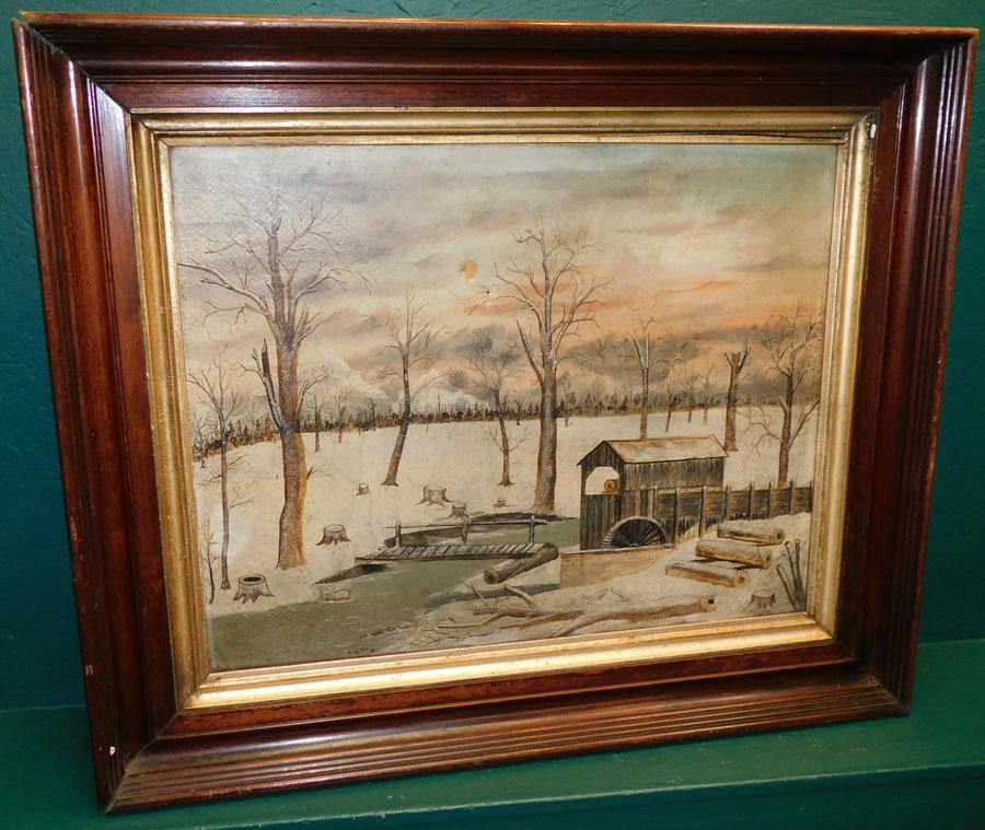 19th C OOC Snow Scene in Walnut Shadowbox Frame (1 of 4)