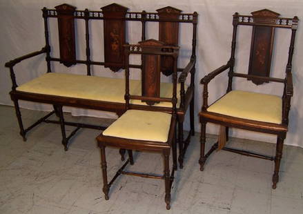 Three piece Edwardian inlaid parlor set: Three piece Edwardian inlaid parlor set (settee, arm chair, side chair) - Circa 1850