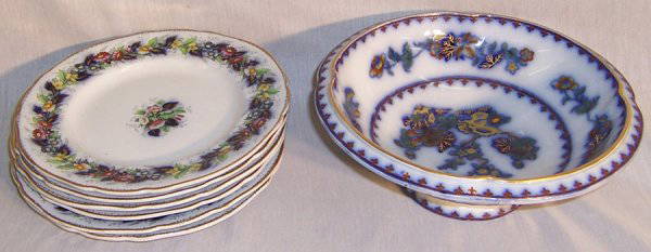 (6) Flow blue/gold décor. English plates and bowl: (6) Early Flow blue and gold decorated English plates and bowl