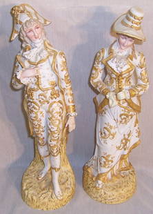 Pair of gold décor. Dresden type bisque figurines: Pair of gold decorated Dresden type bisque figurines (14" tall)