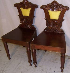 Pair mahogany carved back French parlor chairs: Pair of mahogany carved back French parlor chairs