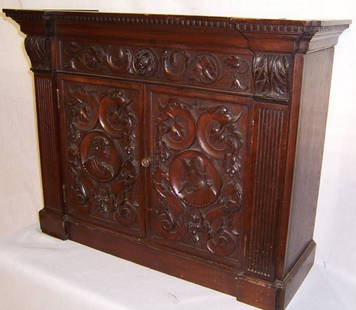 Carved walnut hanging cabinet, Circa 1850: Carved walnut hanging cabinet, Circa 1850