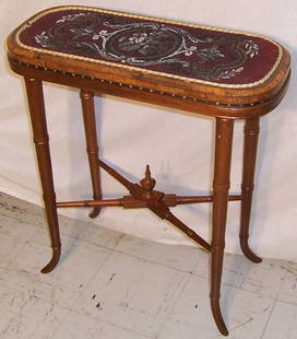 Early beadwork top faux bamboo base table: Early beadwork top faux bamboo base table signed Thomas (23" long, 10 1/2" deep, 26" tall)