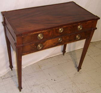 Two drawer 18th c. Hepplewhite mahogany table: Two drawer 18th century Hepplewhite mahogany table (31" long, 16 1/2"deep, 27 1/2" tall)