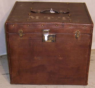 Early travel hat box, signed M.T.T.: Early travel hat box, signed M.T.T. (20" wide, 17 1/2" tall, 18" deep)