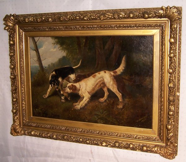 Oil painting on canvas signed William Woolsey: Oil painting on canvas of hunting dogs by William Woolsey, 1896 (40 1/2" x 30 1/2")