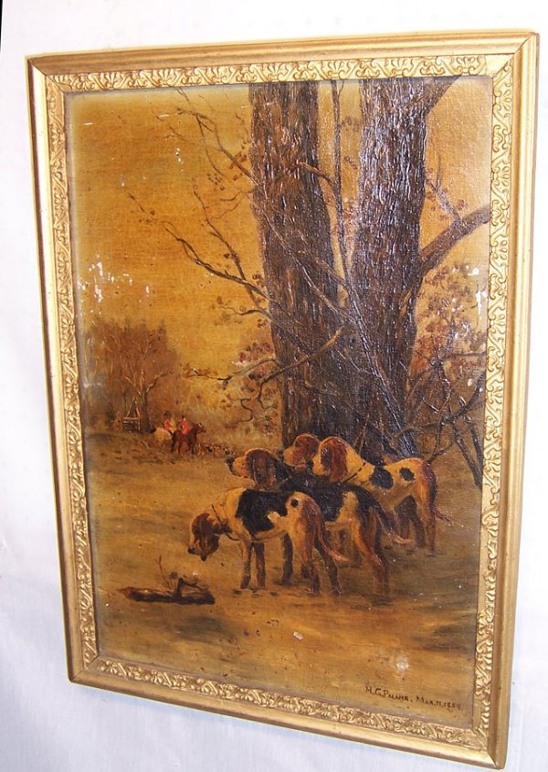 Oil painting signed M.C. Palmer: Oil painting of fox hunting dogs, signed M.C. Palmer, March 11 1889 (some flaking) (21 1/2" x 15 3/4")
