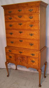 296: 18th c. Queen Anne Am. tiger maple highboy