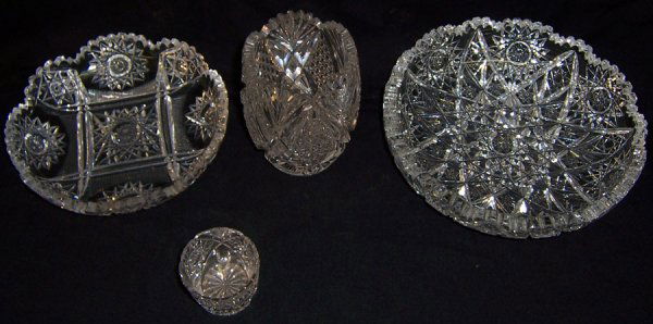 (4) Pieces cut glass: (4) Pieces cut glass (2 bowls, toothpick holder, small vase) one bowl signed Hawkes