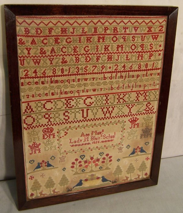 19th century Needlework sampler dated 1855: 19th century Needlework sampler dated 1855, signed Ann Muir "Lady Blair's School" (13 3/4" x 17 1/2")