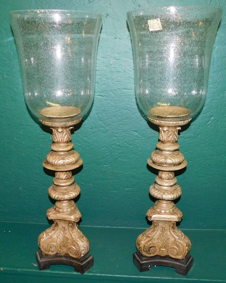 Pair Pntd Resin Candle Holders W/ Glass Shades (1 of 2)
