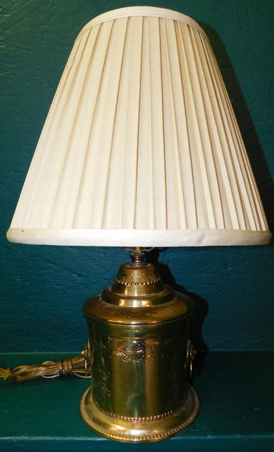 Brass Biscuit Jar Made Into Lamp: Brass Biscuit Jar Made Into Lamp W/ Lion Head Handles. 19" H