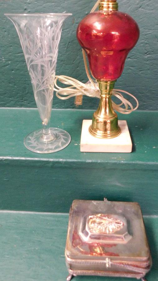 Etched Glass Vase, SP Sardine Dish, Rub Red Lamp (1 of 4)