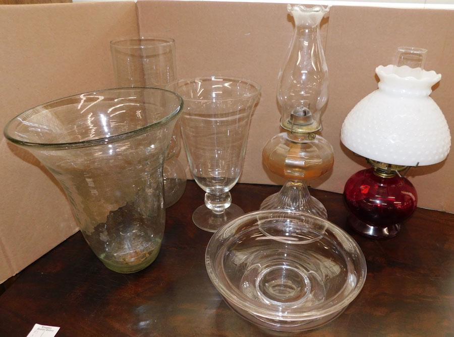 Two Oil Lamps -- Three Glass Vases -- Bowl (1 of 1)