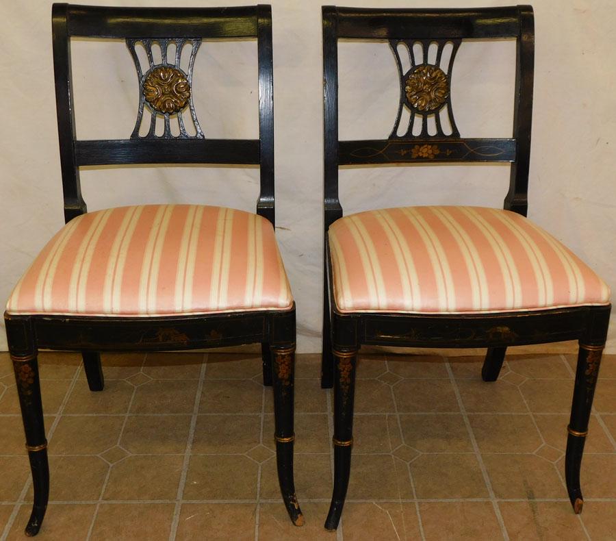Pr Black Lacquered Side Chairs W/ Oriental Pnt Dec. (1 of 6)