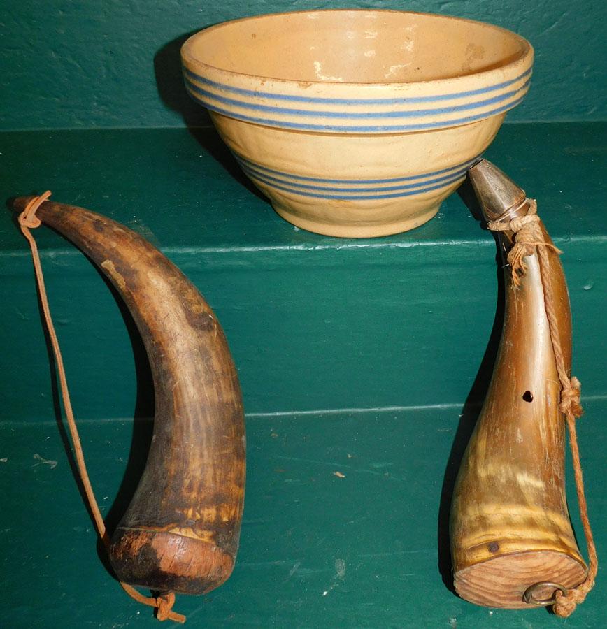 Yellow Ware Mixing Bowl & 2 Horn Flask (1 of 1)