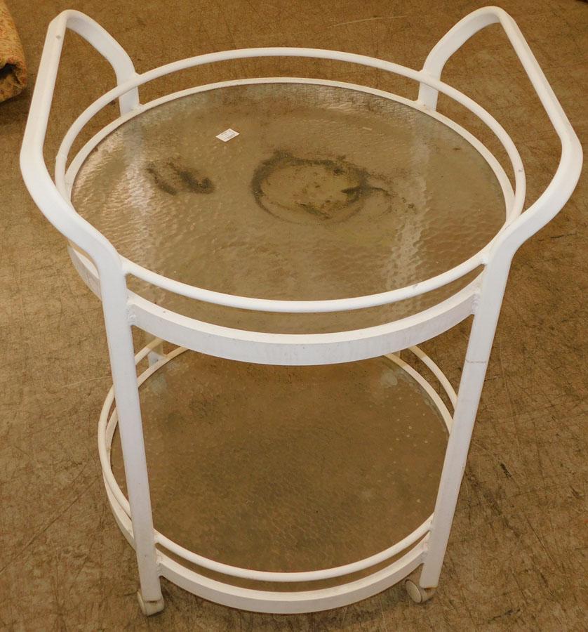 Painted Metal 2 Tier Glass Top Cart: Painted Metal 2 Tier Glass Top Cart. 32" Dia. 43" H