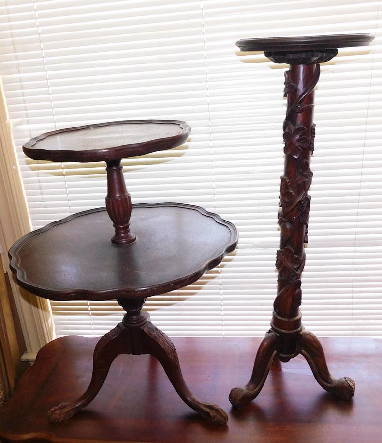 Carved Mah Plant Stand & 2 Tier Carved Mah Table (1 of 7)