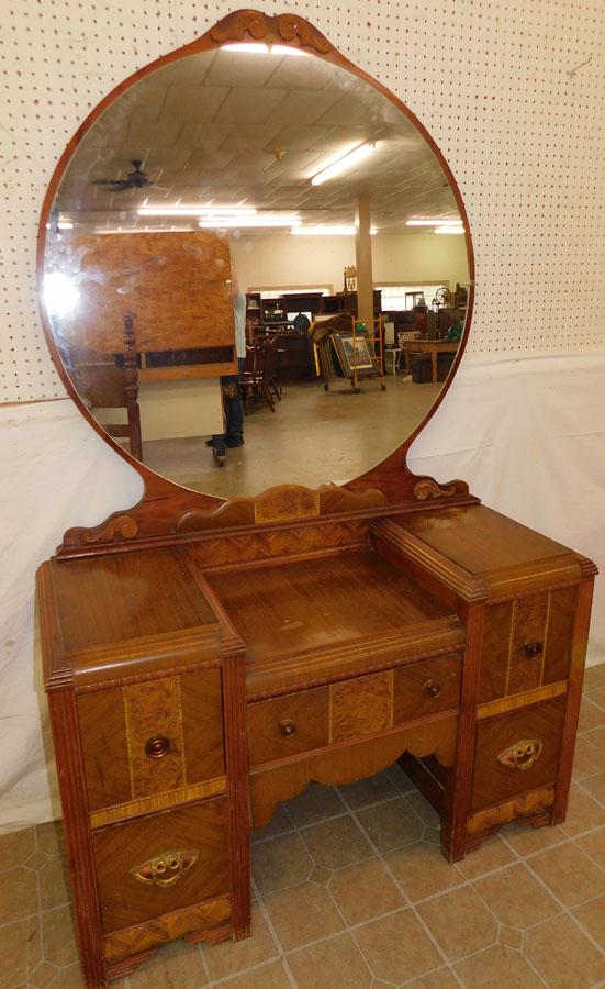 Walnut Waterfall Depression Dresser with Mirror: Walnut Waterfall Depression Dresser with Mirror. 45 1/2" W 19" D 77" H