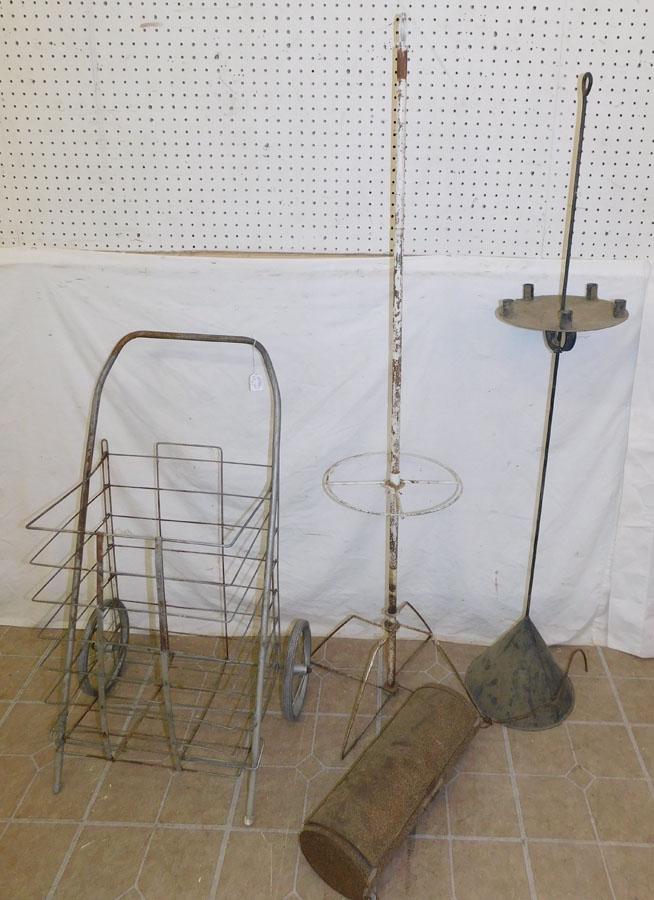 Lot of Antique Metal Stands, Metal Cart, & Doll Bed (1 of 2)