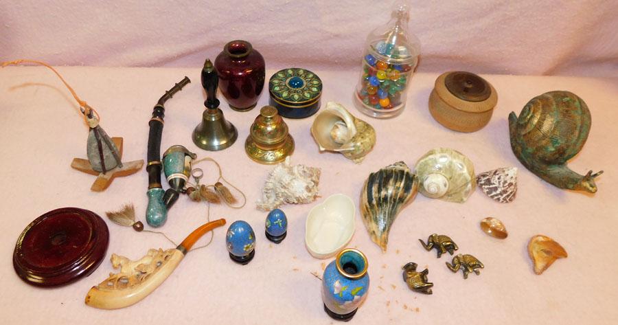 Lot of Enamel Vases, Eggs, Shells, Porcelain Pipe: Lot of Enamel Vases, Eggs, Shells, Porcelain Pipe.