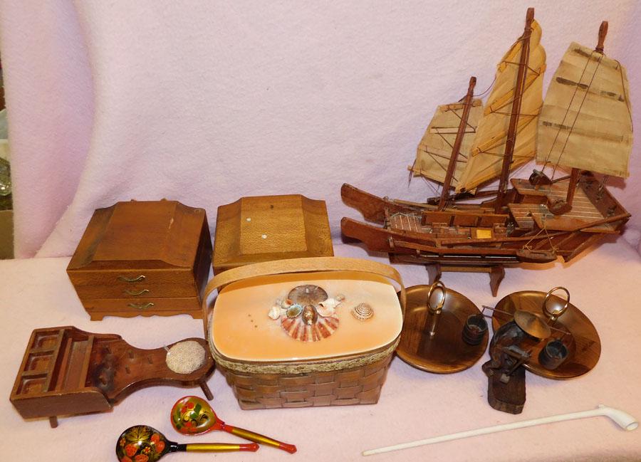 Lot of Wooden Baskets & Ship Model: Lot of Wooden Baskets & Ship Model.