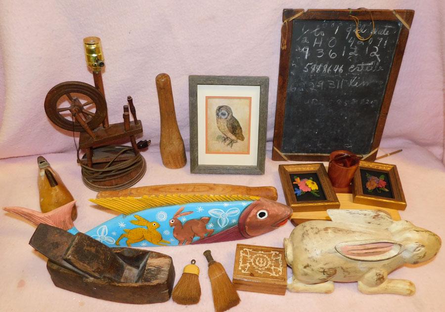 Misc. Lot - Wooden Print, Boxes, Flax Wheel Lamp,etc (1 of 3)