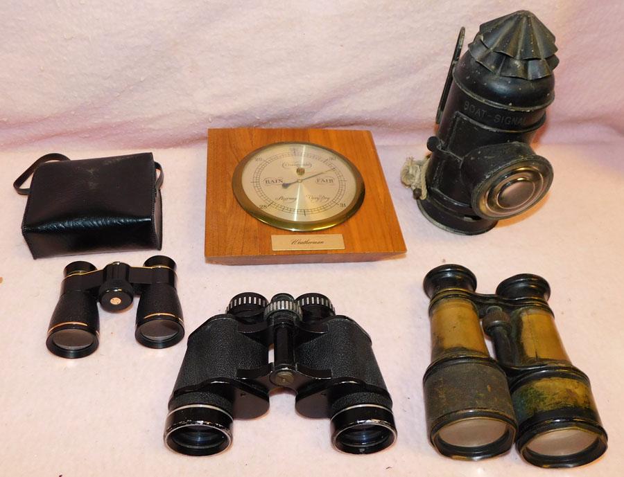 Lot of Vintage Binoculars, Ships Light, Barometer (1 of 3)