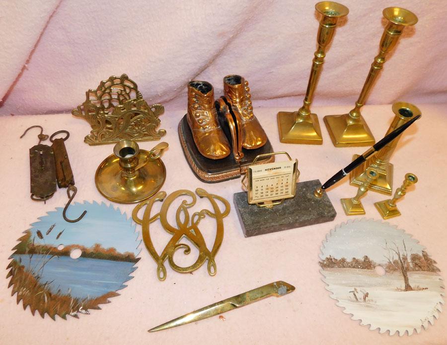 Lot of Brass C/sticks, Baby Shoe Bookends, Trivets (1 of 2)