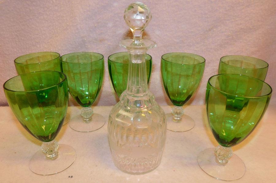 Green Depression Stemware & Etched Glass Decanter (1 of 1)