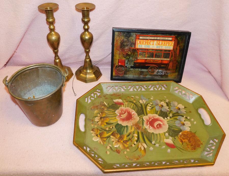 Framed Car Model, Tole Tray, Brass C/sticks, Pale (1 of 2)