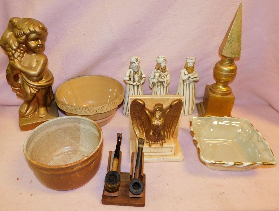 Wooden Finial, Pottery Bowl, Ceramic Figurines (1 of 4)