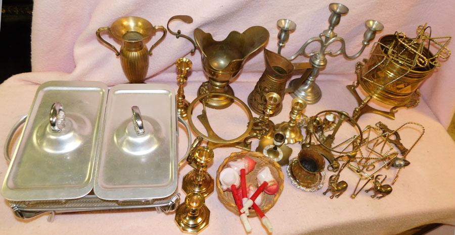 Lot of Brass, Pewter Candelabra, Aluminum Hot Plate: Lot of Brass, Pewter Candelabra, Aluminum Hot Plate.