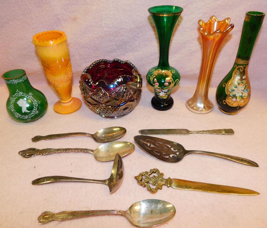 Lot of Carnival Glass Items & Silverplate Flatware (1 of 2)