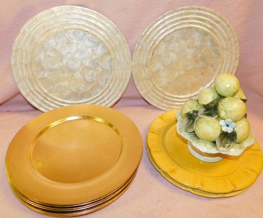 Lot of Chargers, Lemon Motif Centerpiece: Lot of Chargers, Lemon Motif Centerpiece.