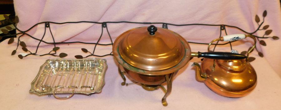 Copper Chafing Dish & Kettle, Metal Plate Rack, SP Bowl (1 of 3)