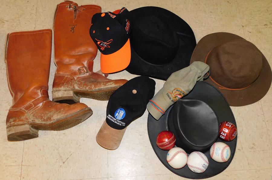 Lot of Hats, Leather Boots: Lot of Hats, Leather Boots.