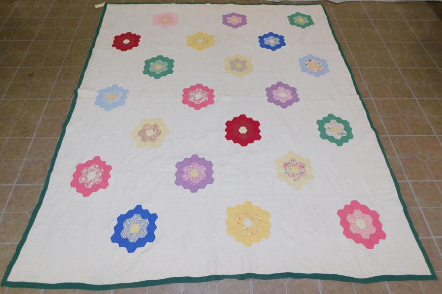 Antique Handmade Hexagon Flower Quilt (1 of 4)