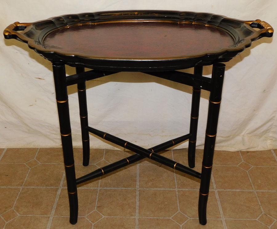 Modern Black Lacq. Pnt Dec. Tray On Bamboo Turned Stand (1 of 4)