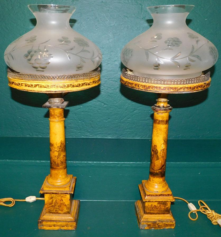 Pair French Tole Painted Lamps W/ Shades (1 of 10)