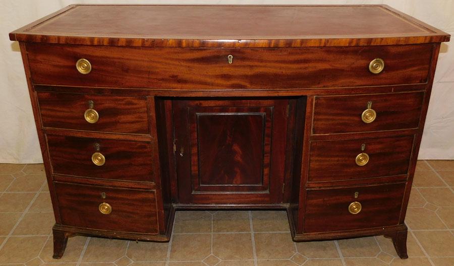 19th C Mah tooled LT Bow Front Knee Hole Desk: 19th C Mahogany Bow Front Knee Hole Desk W/ Tooled Leather Top. 48" W 23 1/2" D 30 3/4" H