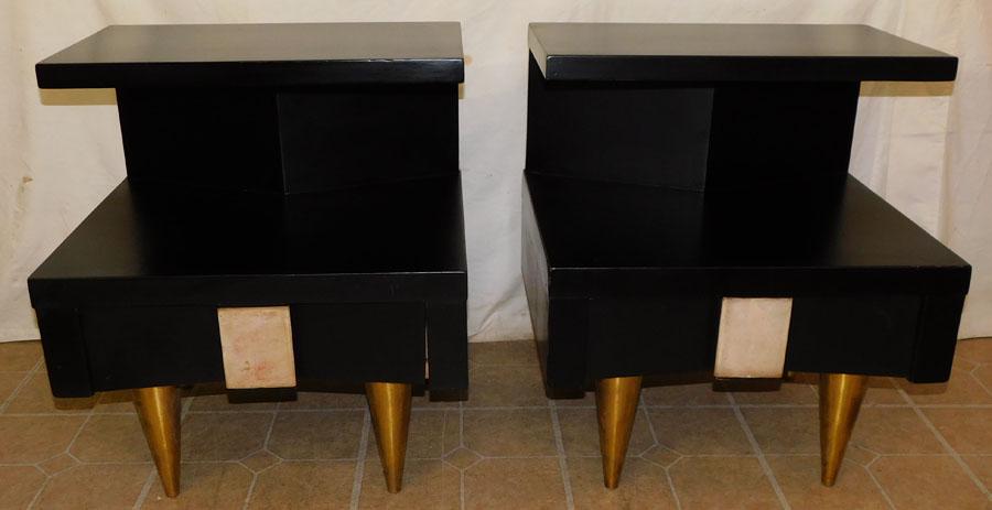 Pair Black Lacquered MCM Stands W/ Brass Legs (1 of 5)
