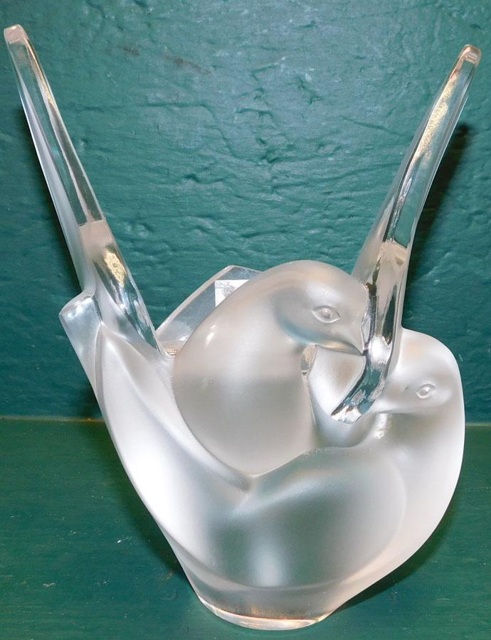 Signed Lalique Crystal Dove Vase W/ Flower Frog (1 of 7)