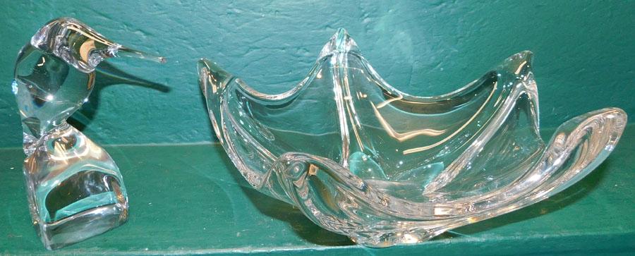 Daum France Glass Bird Figure & Free Form Bowl: Daum France Glass Bird Figure & Daum France Free Form Bowl. 14" Dia 5 1/2" H - Bow