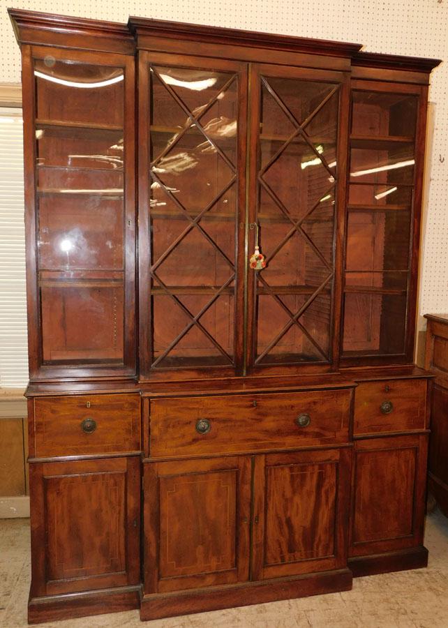 19th C English Mahogany Break Front Butlers Desk: 19th C English Mahogany Break Front Butlers Desk W/ Satinwood Interior. 69" W 20 1/2" D 89 1/2" H