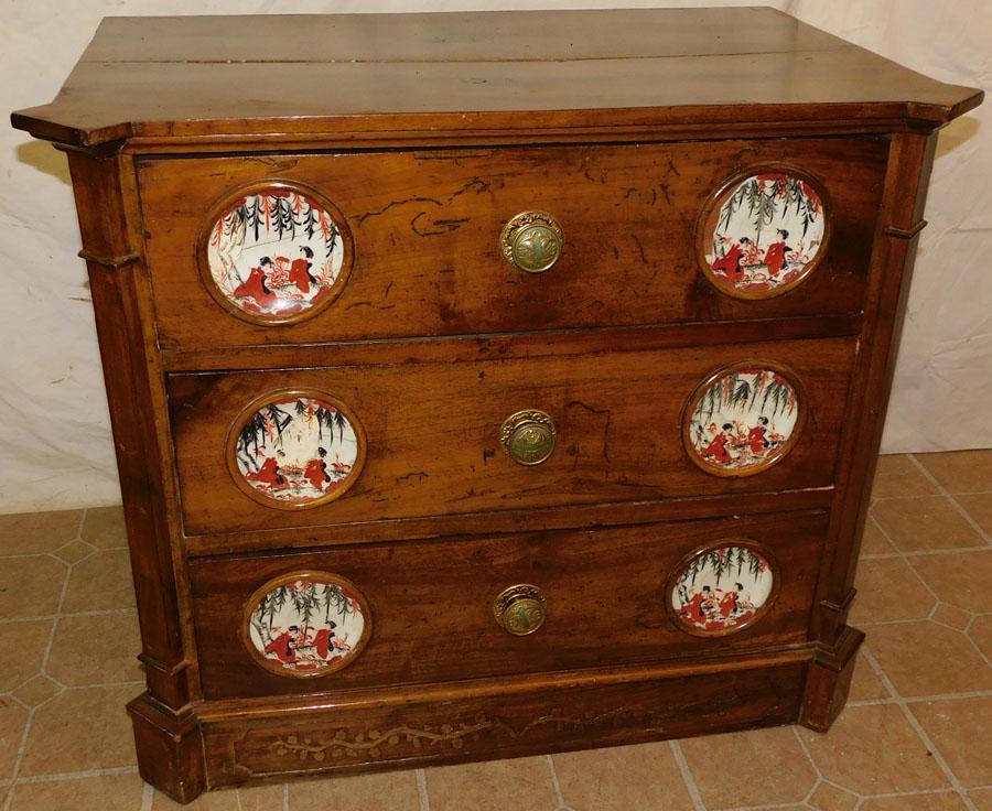 Contin. Walnut 3 Dr Chest W/ Oriental Porc Inserts (1 of 9)