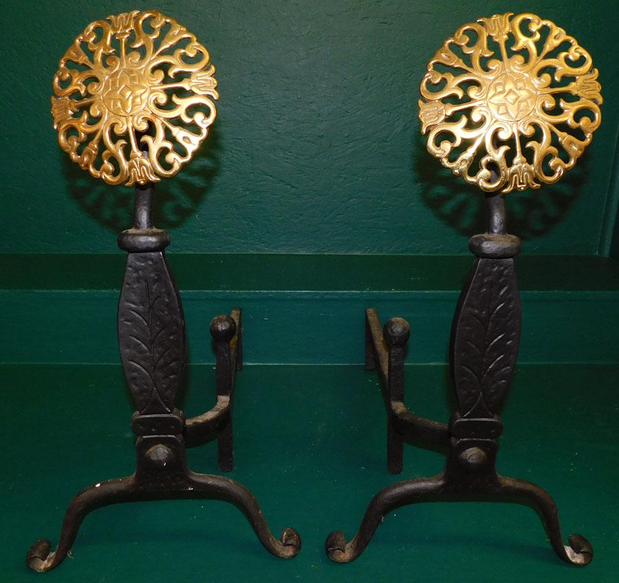 Pr Brass & Cast Iron Starburst Andirons By VA Metal (1 of 5)